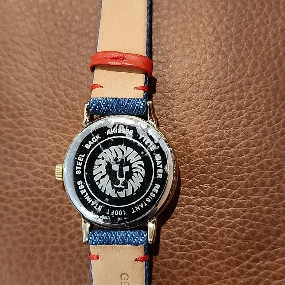 Anne Klein Gold Watch with Denim Blue And Red Strap Ladies Watch